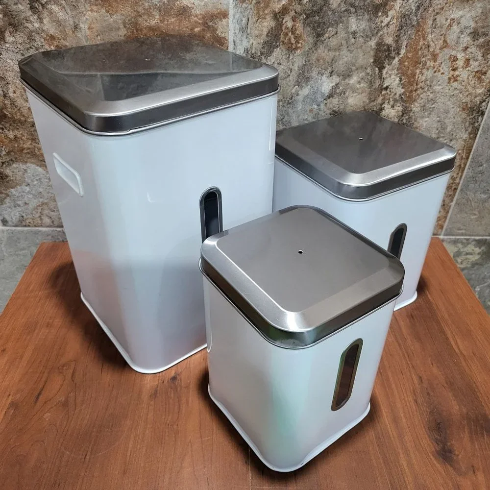 Nesting Square White & Silver Tin Cans Set of 3